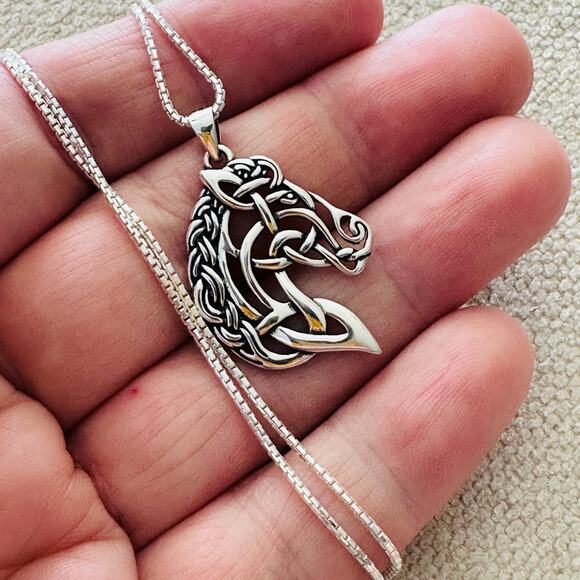 Sterling Silver Celtic Horse Pendant Necklace-18" Box Chain - Picture 2 of 9